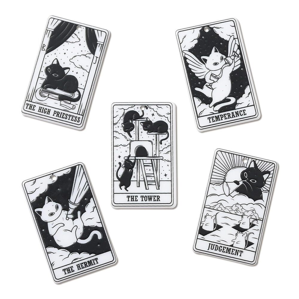 1667 30 Pcs Printed Acrylic Tarot Card Charms Black Magic Cat Rectangle